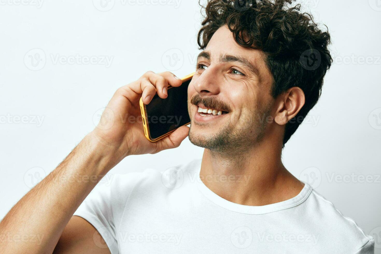 Hipster man message white phone online technology photo