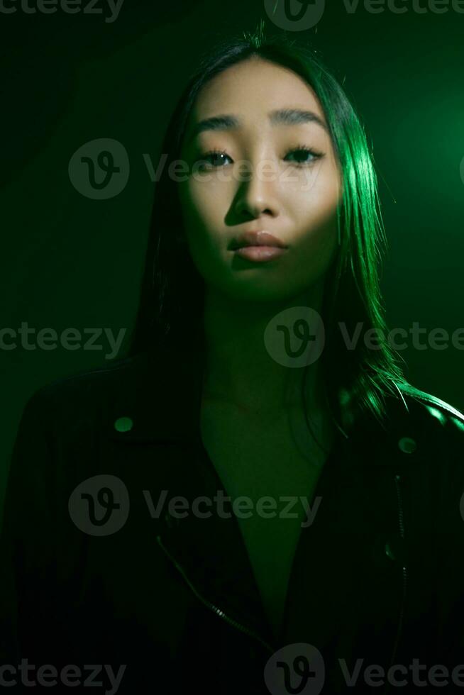 Neon woman colourful trendy background concept portrait smoke green photo