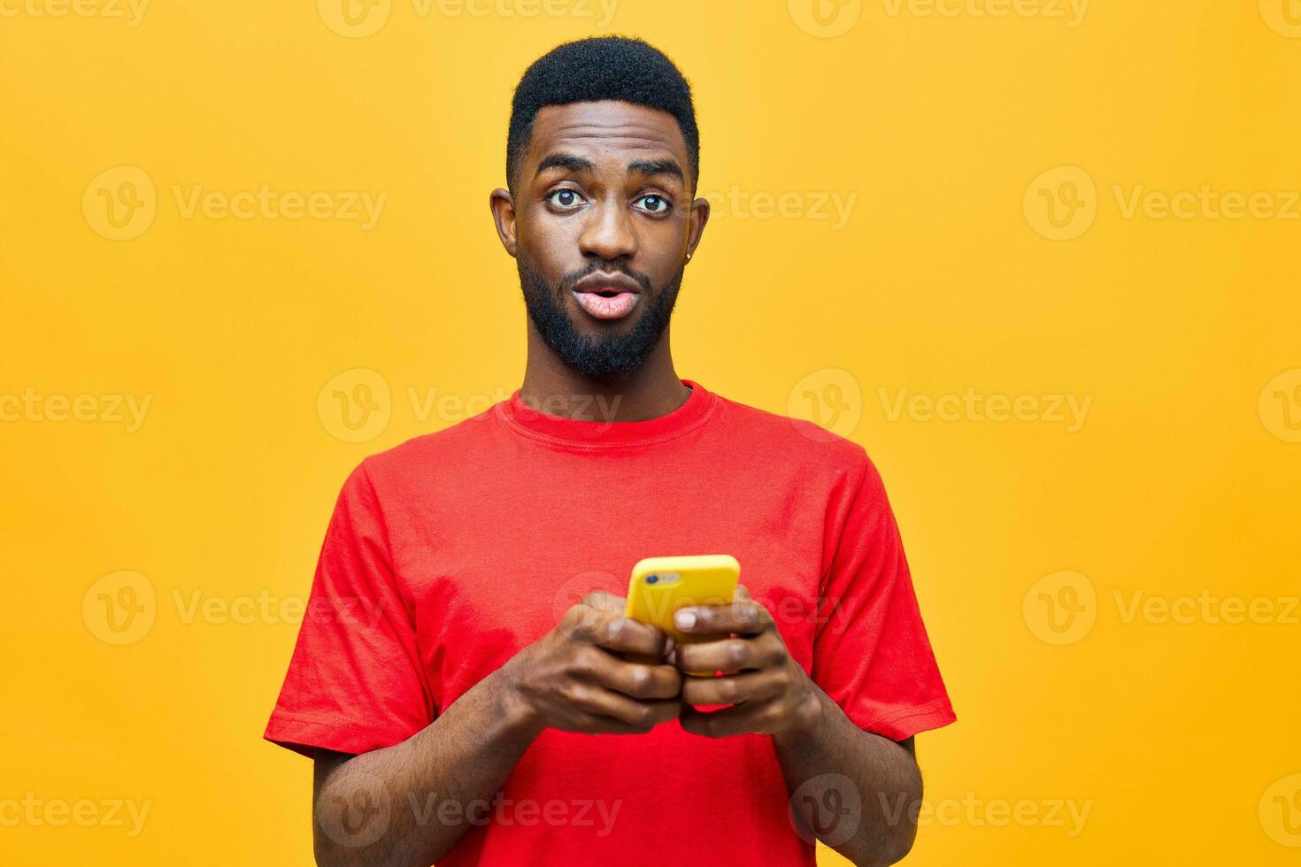 male man blank young black happy african yellow technology background mobile phone photo