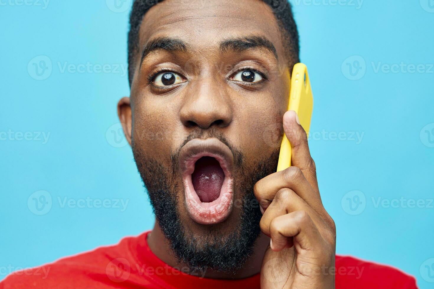 man isolated mobile young black phone happy background model technology smile african photo