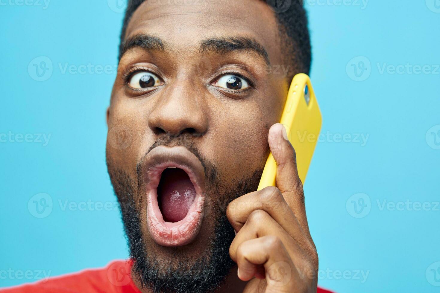 man cellphone black phone mobile smile african young studio happy background technology photo