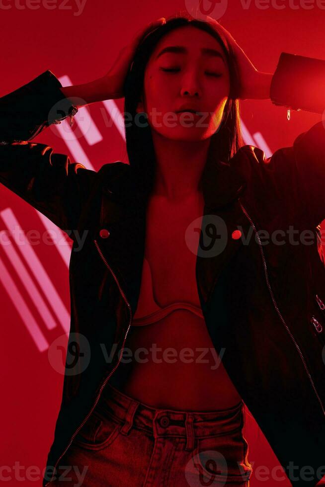 Light woman neon concept red colourful trendy portrait photo