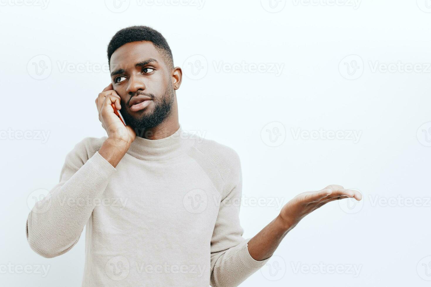 happy man phone technology typing young mobile businessman smile black african photo