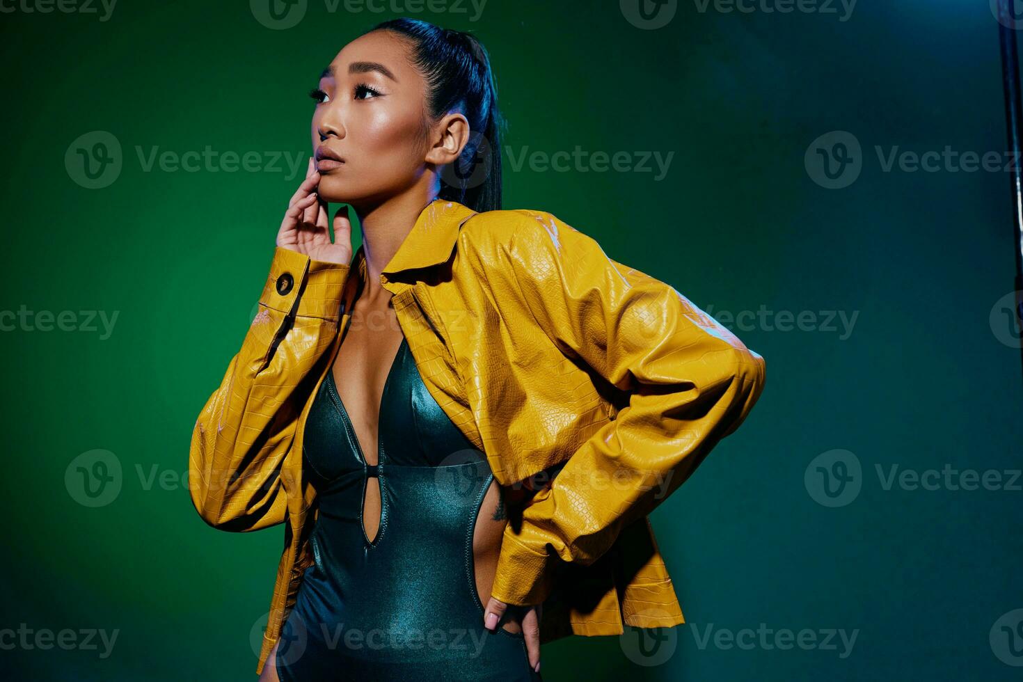 Disco woman trendy neon light beauty green luxury fashion yellow colorful photo
