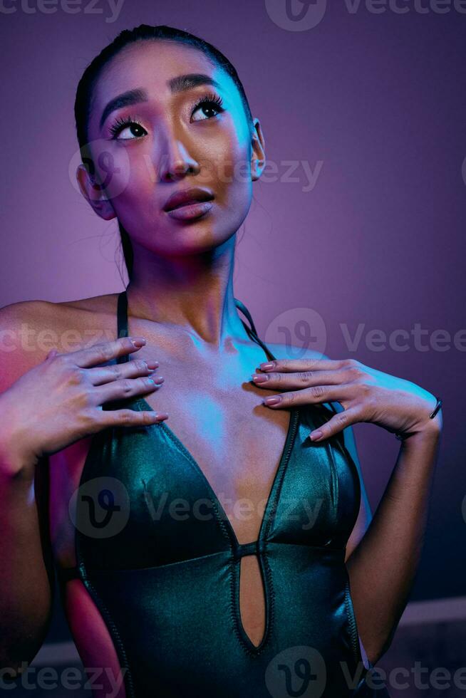 Woman beauty colorful disco light background fashion photo