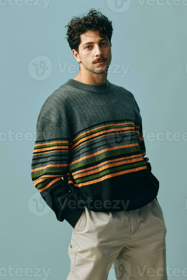 Trendy man portrait beautiful sweater copyspace handsome face background fashion smile hipster confident stylish photo
