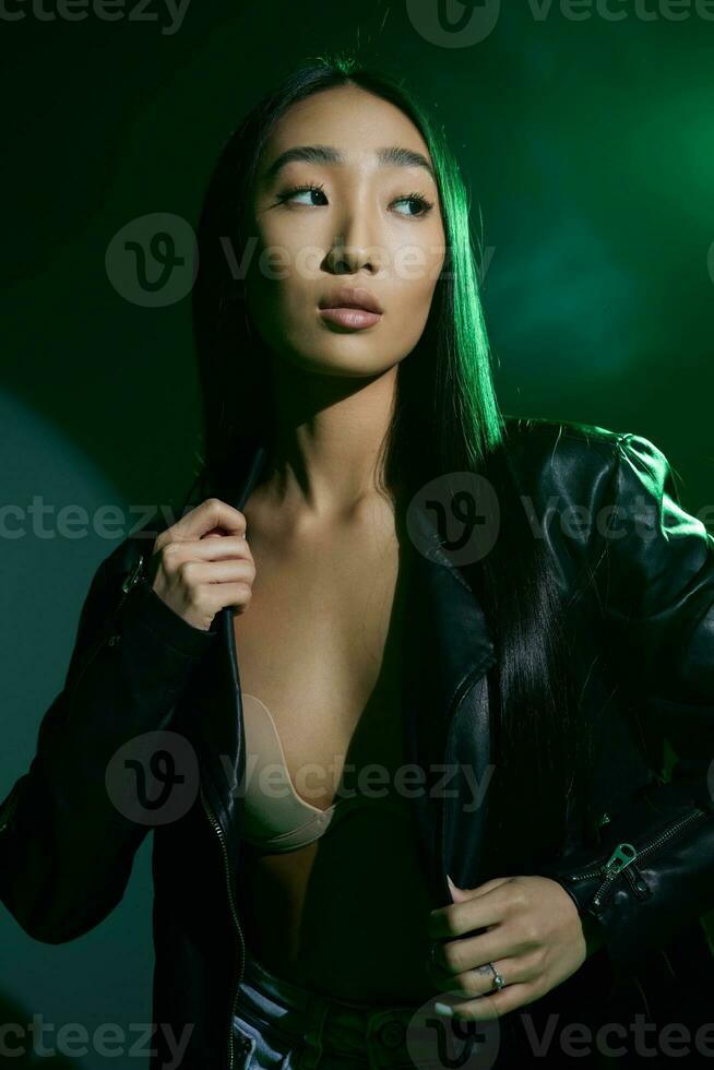 Colourful woman green neon model noir body portrait smoke art trendy concept light photo