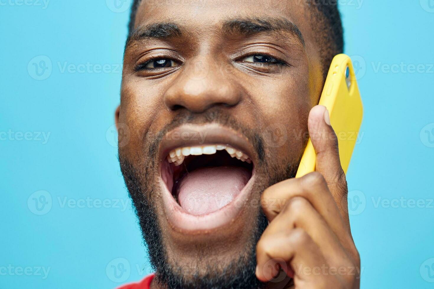 space man african happy technology background black copy screen young phone smile mobile photo