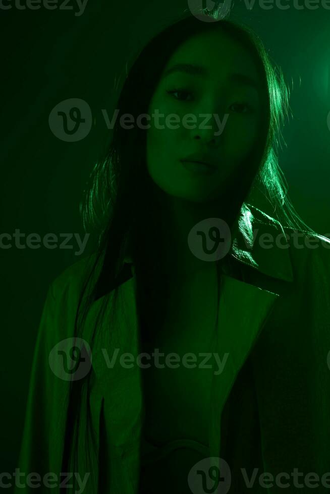 Concept woman smoke art light female neon colourful portrait green trendy photo