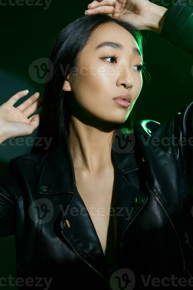 Woman colourful stylish trendy portrait smoke neon concept green light art photo