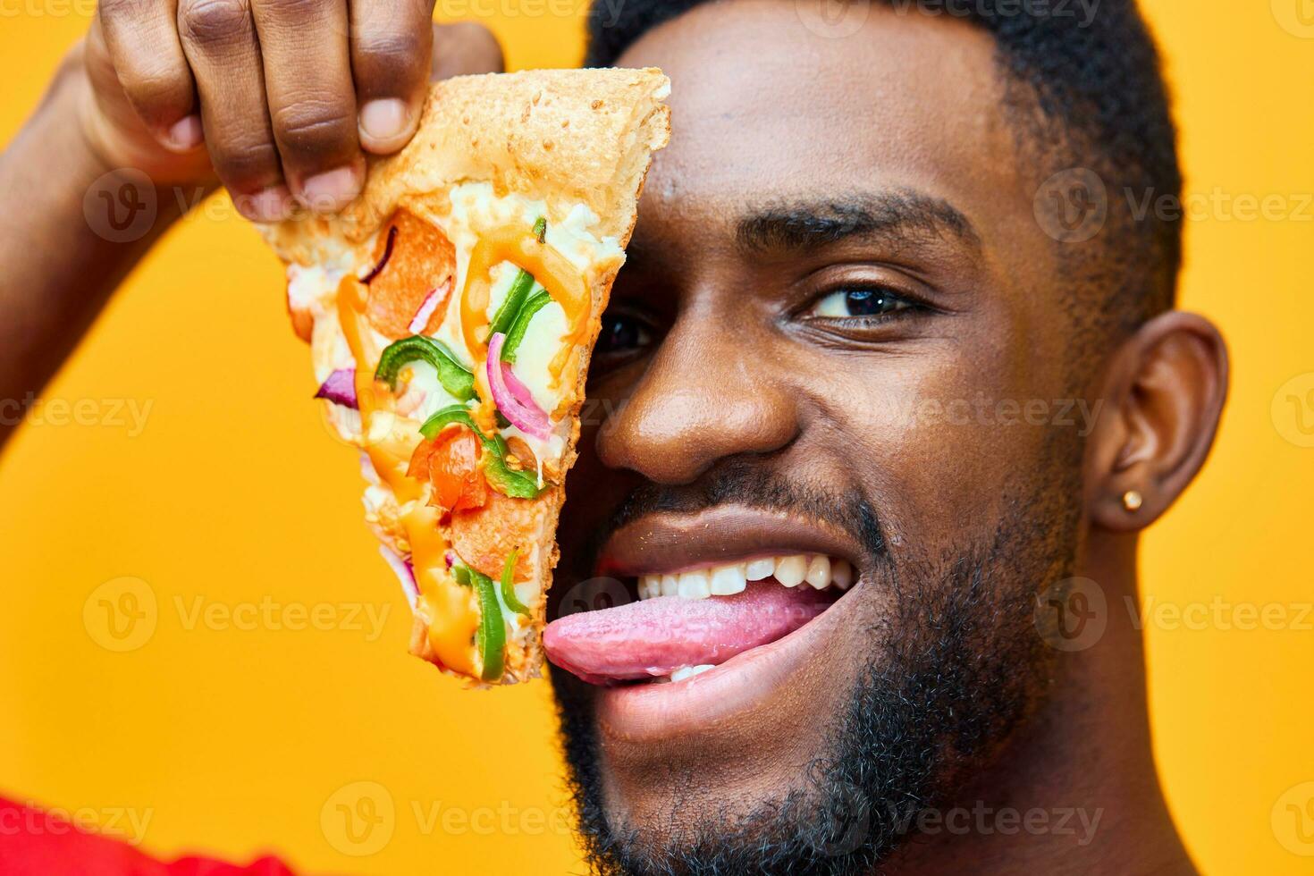 smile man pizza happy fast guy food black delivery food red background online photo