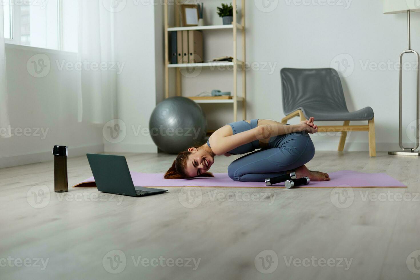 woman adult home training health mat lotus laptop lifestyle video yoga photo