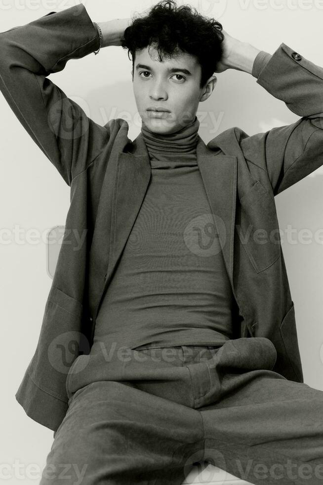 Studio man fashion clothing pose style black suit trendy glamour white and handsome photo