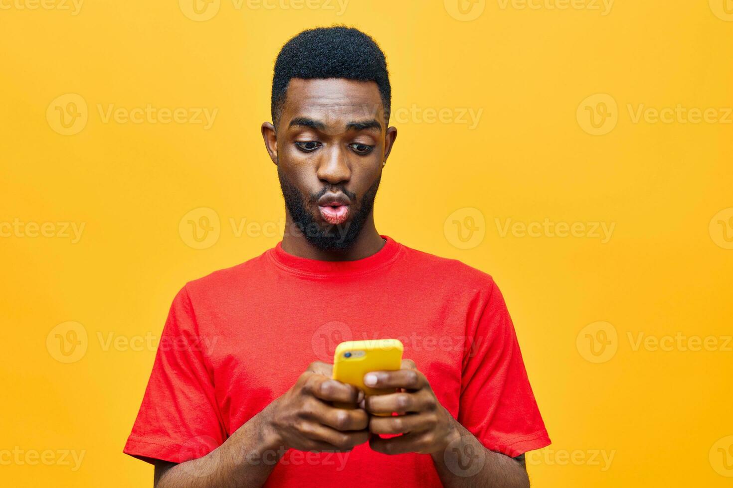 man yellow technology mobile mockup happy phone black african background screen young photo