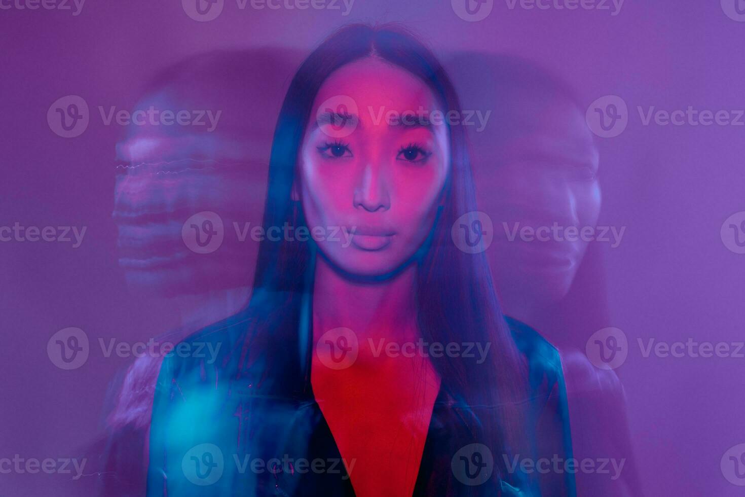 Woman portrait blue concept red neon photo