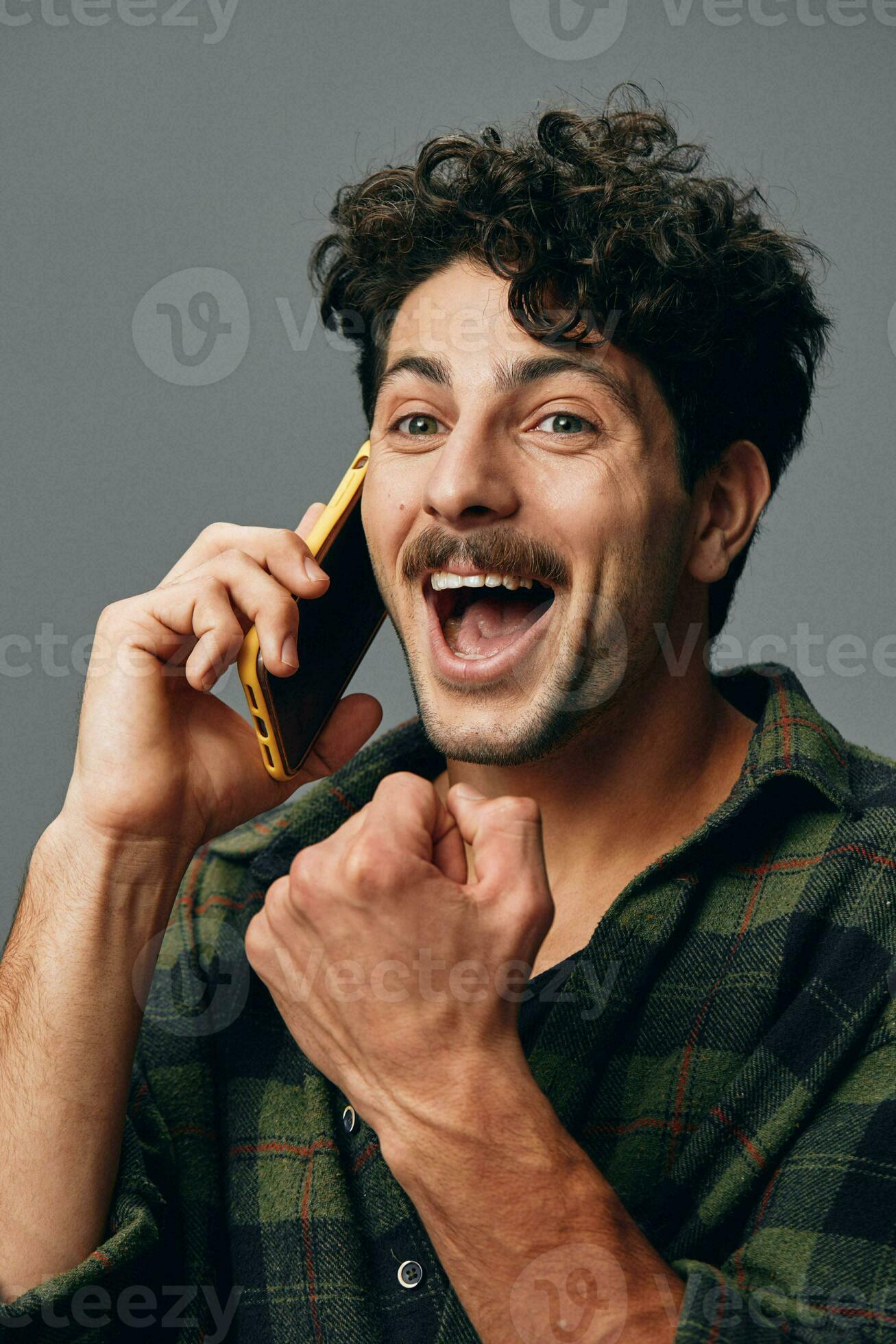 Handsome man grey smart happy stylish white smile studio phone