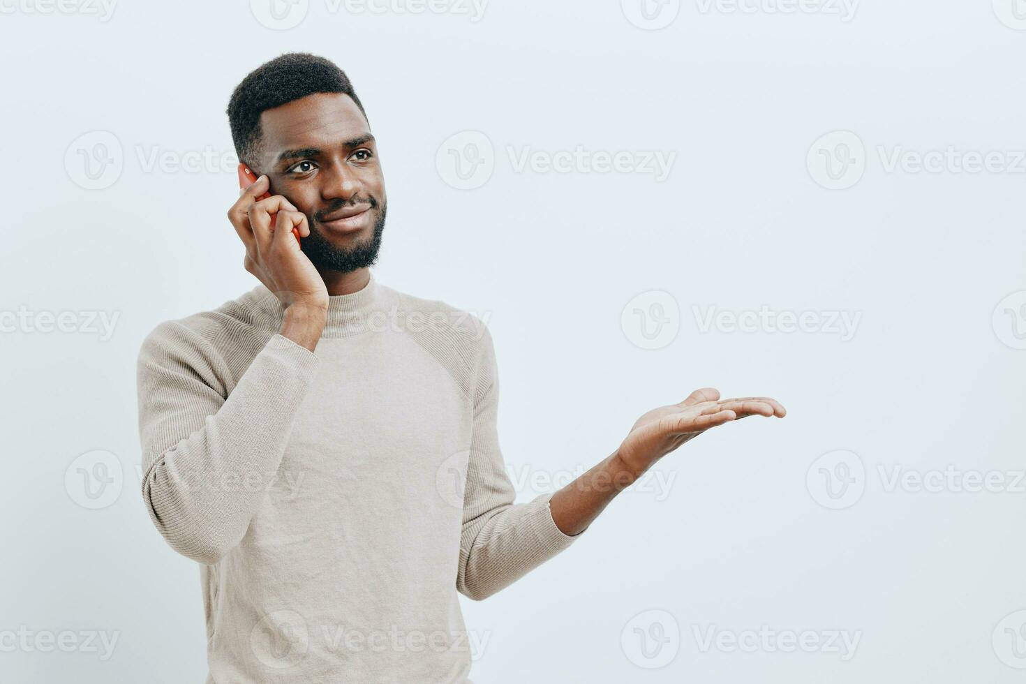 background man smile black businessman phone happy young space technology copy mobile african photo