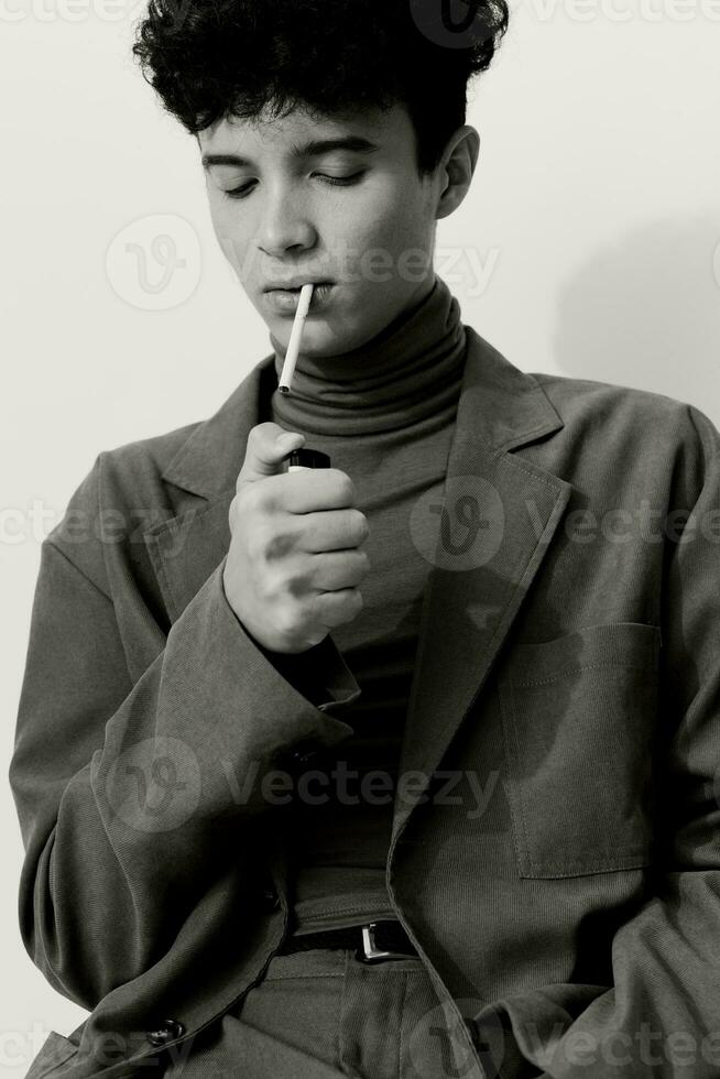 Man smoking cigarette white and fashion black portrait photo