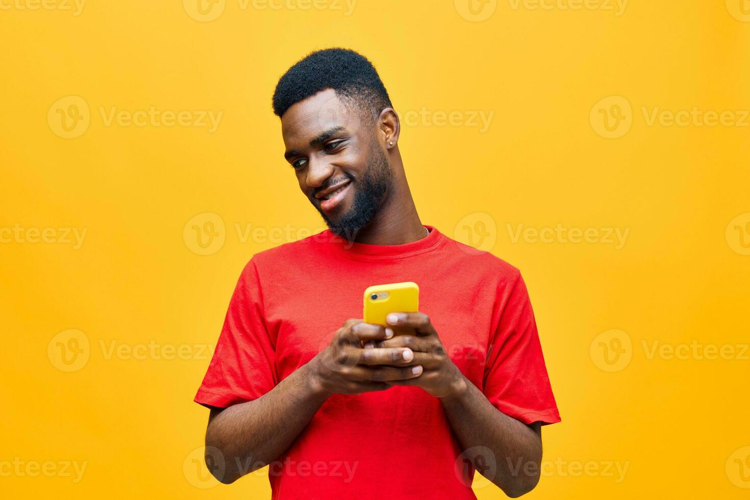 man technology business mobile happy african background yellow phone internet black young photo