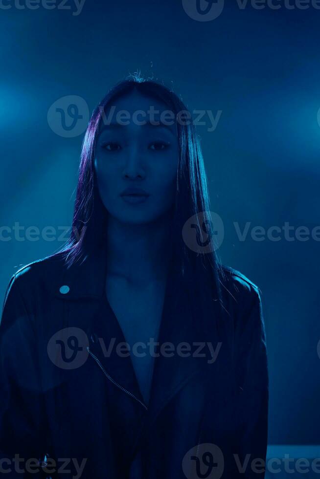 Woman colourful concept purple futuristic portrait beauty art neon blue trendy light photo