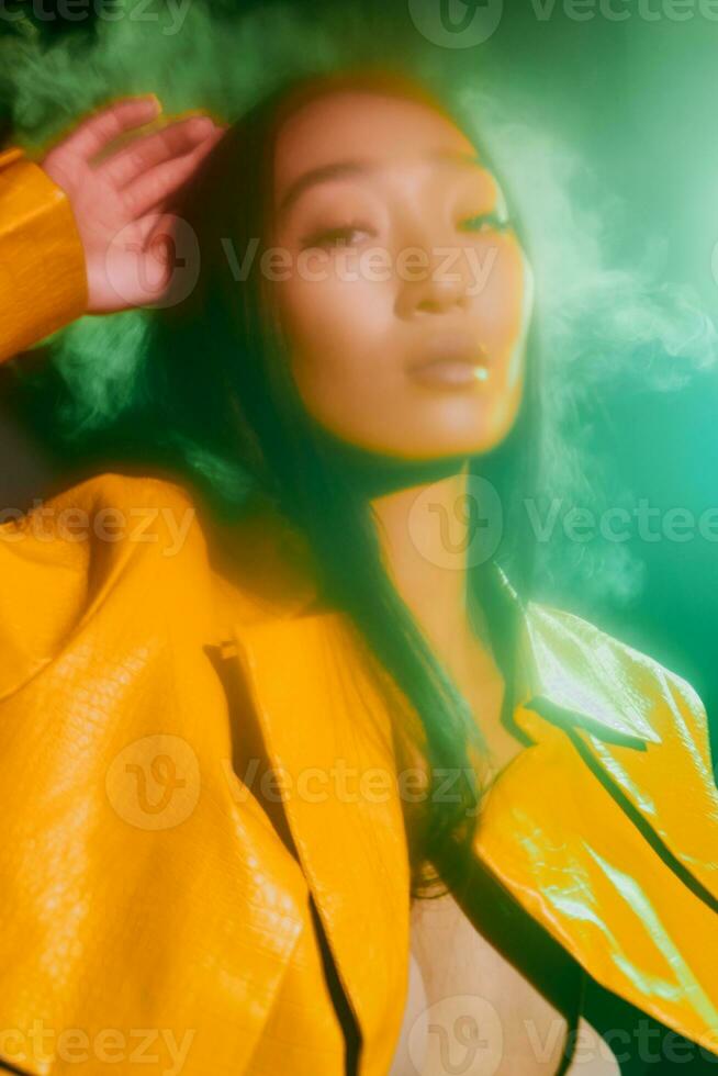 Woman concept trendy neon colourful smoke portrait photo