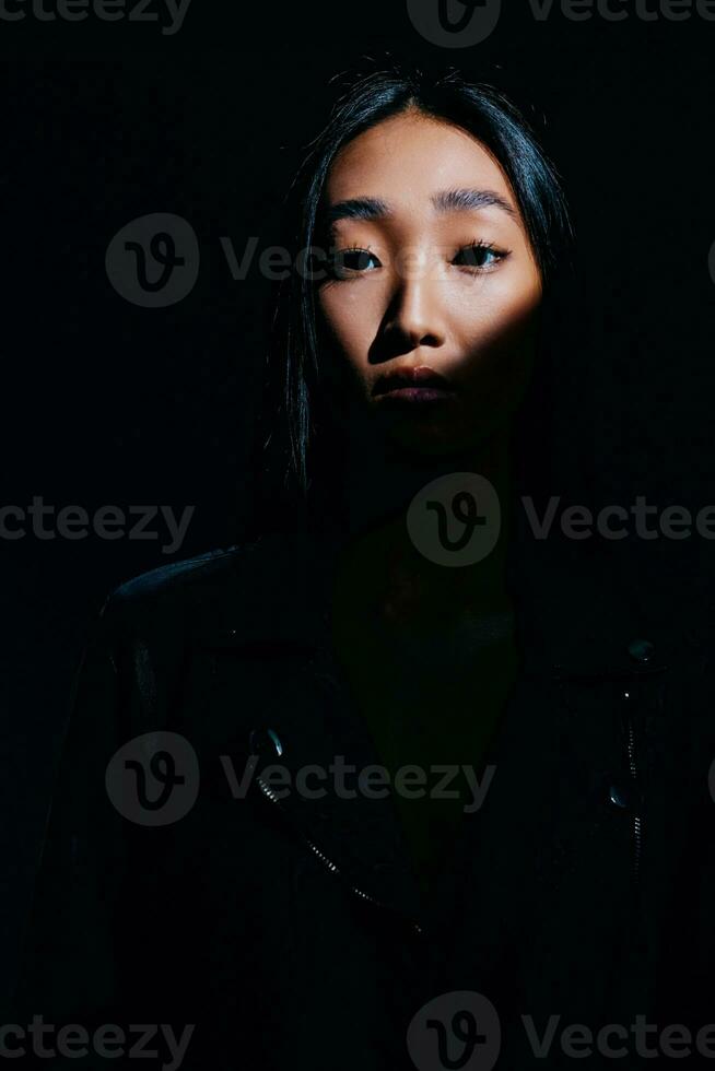 Woman smoke neon trendy concept portrait colourful photo