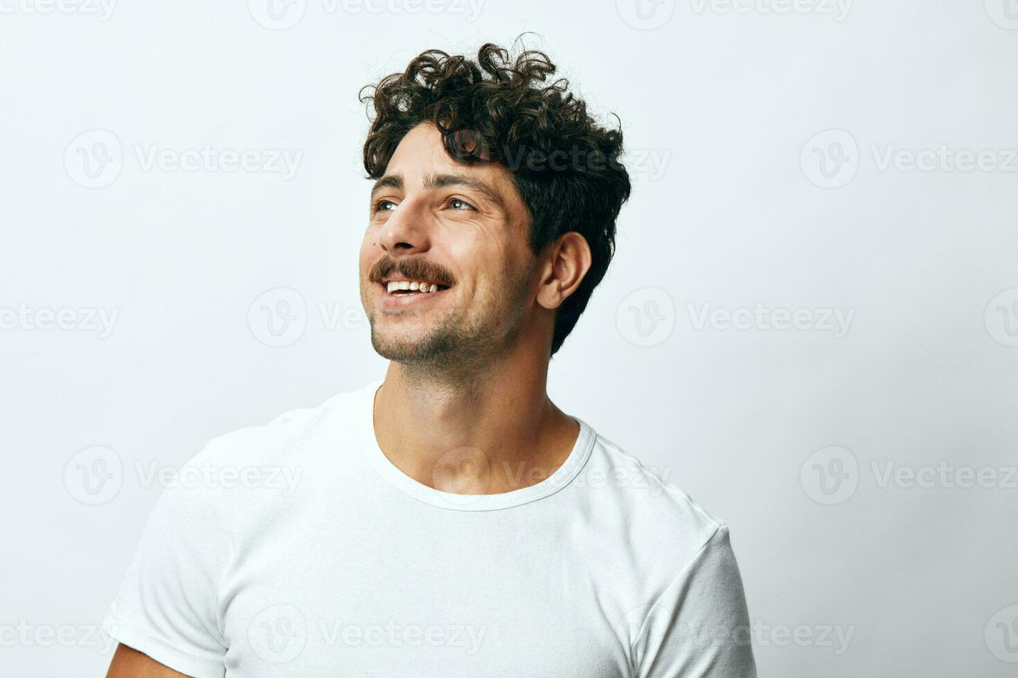 Man standing fashion isolated smile casual confident attire portrait lifestyle background white closeup hipster t-shirt photo
