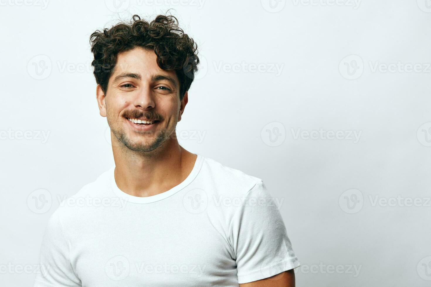 Smile man lifestyle standing t-shirt white portrait isolated background student fashion person serious hipster photo