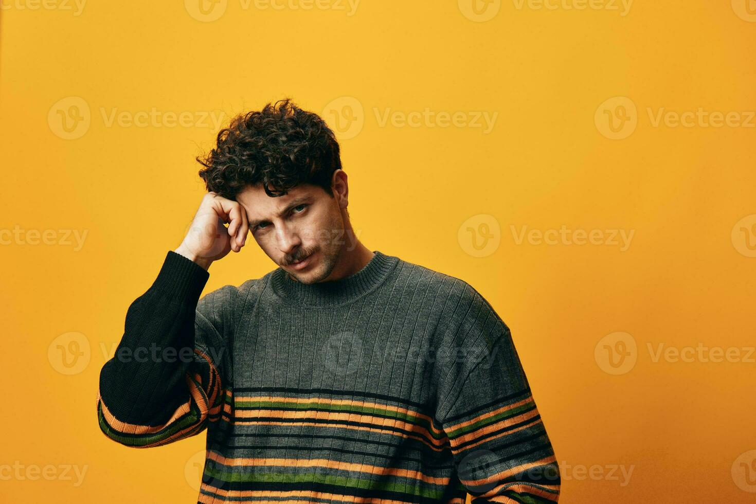 Man happy smile trendy student winter attractive portrait background fashion sweater orange style photo