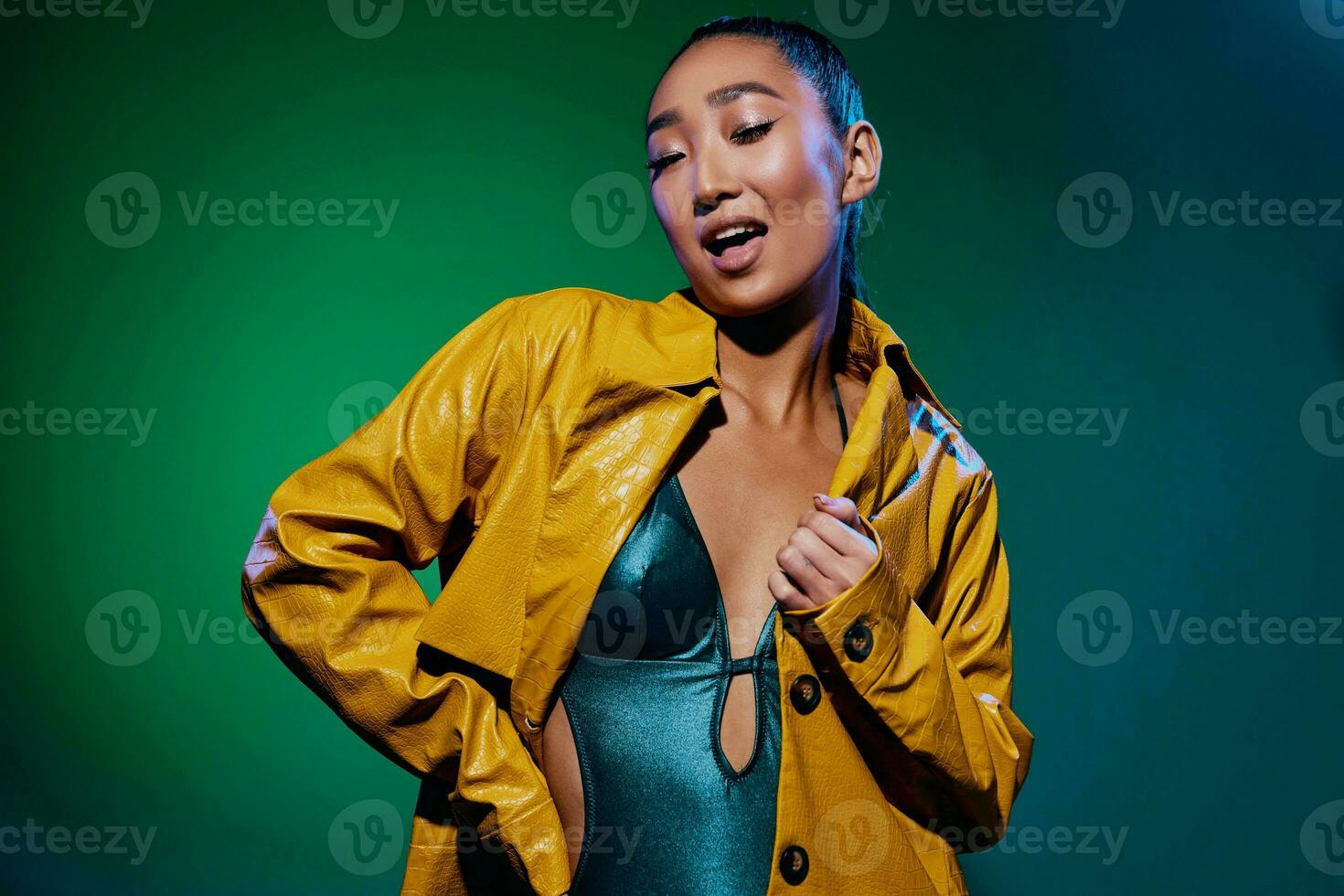 Woman disco green light colorful beauty trendy yellow art fashion neon photo