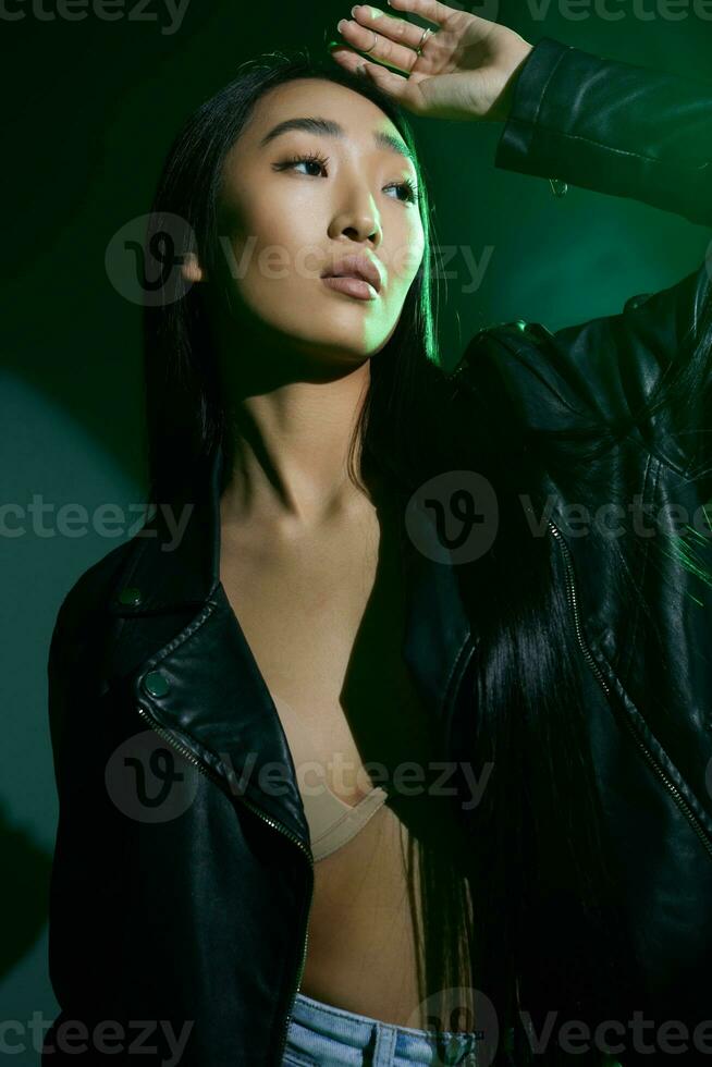 Woman smoke trendy portrait concept neon photo