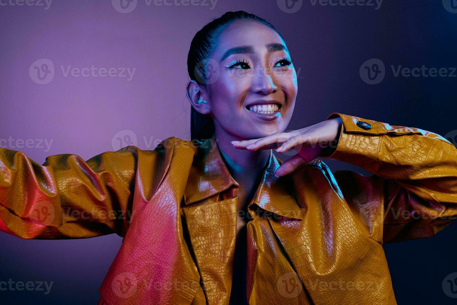 Woman neon colorful beauty light purple fashion disco blue art trendy photo