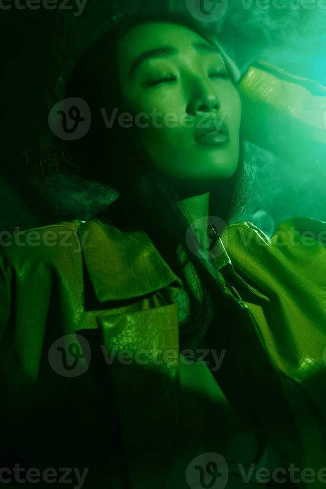 Smoke woman green neon light art blue concept fashionable trendy portrait colourful photo