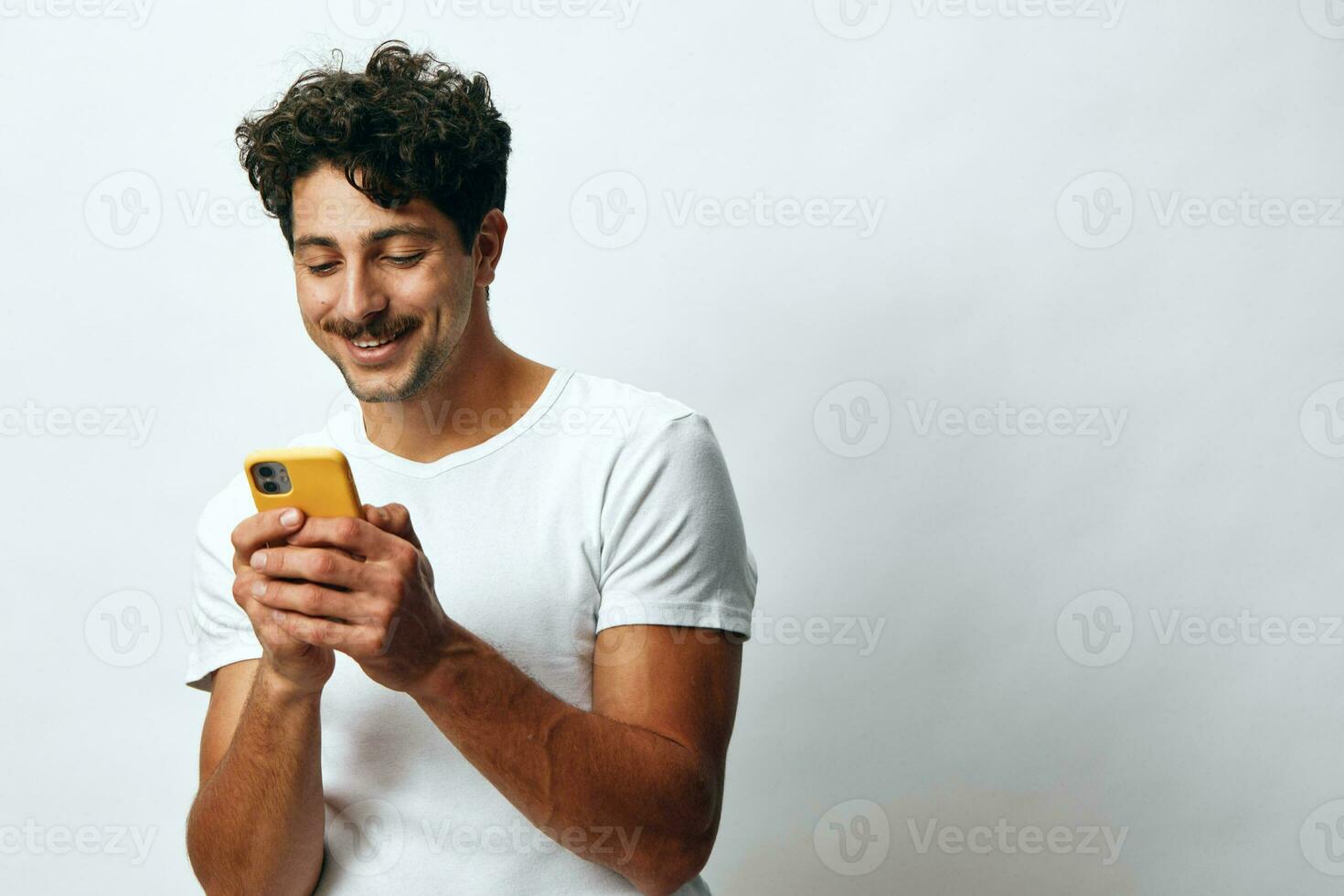 White man t-shirt message hipster online technology phone photo