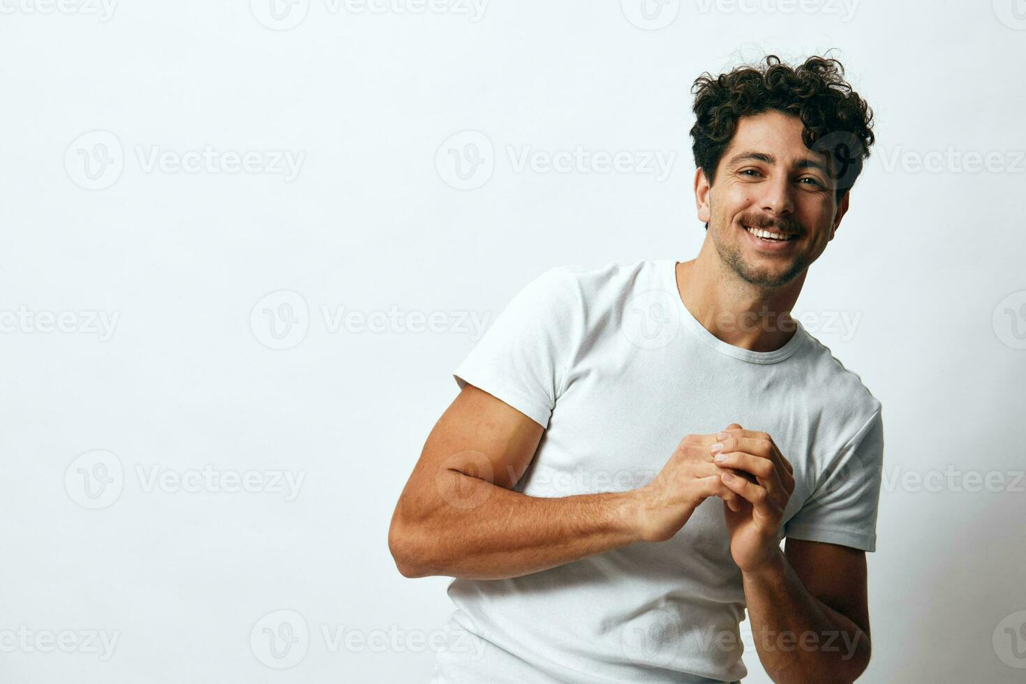 Isolated man lifestyle hipster white fashion arms smile t-shirt idea background portrait photo