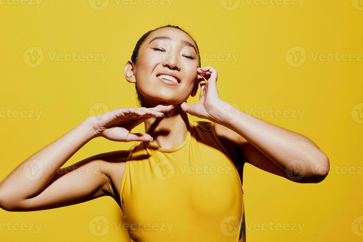 Swimsuit woman fashion yellow trendy smile beauty portrait photo