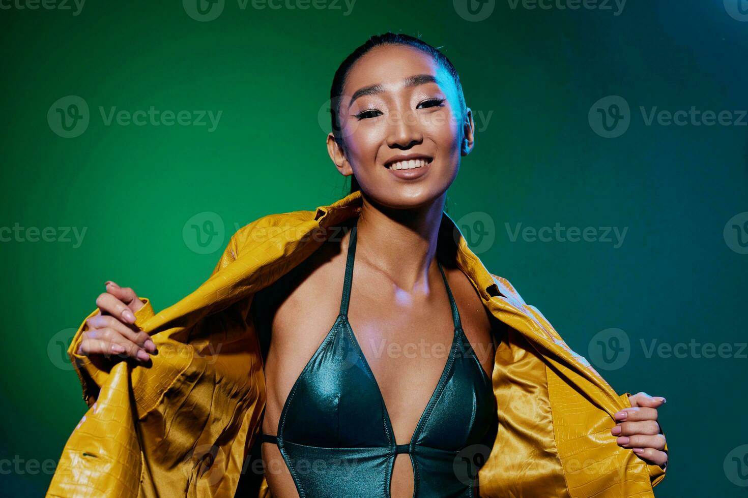 Woman neon studio disco beauty light yellow trendy fashion green colorful photo