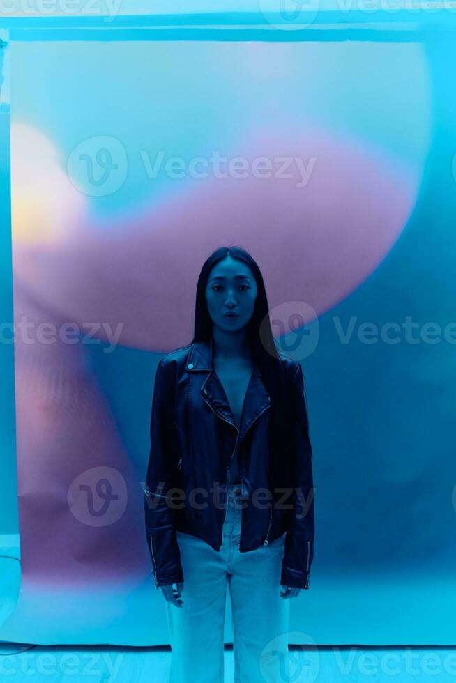 Woman beauty colorful neon asian trendy lady model high fashion hipster light photo