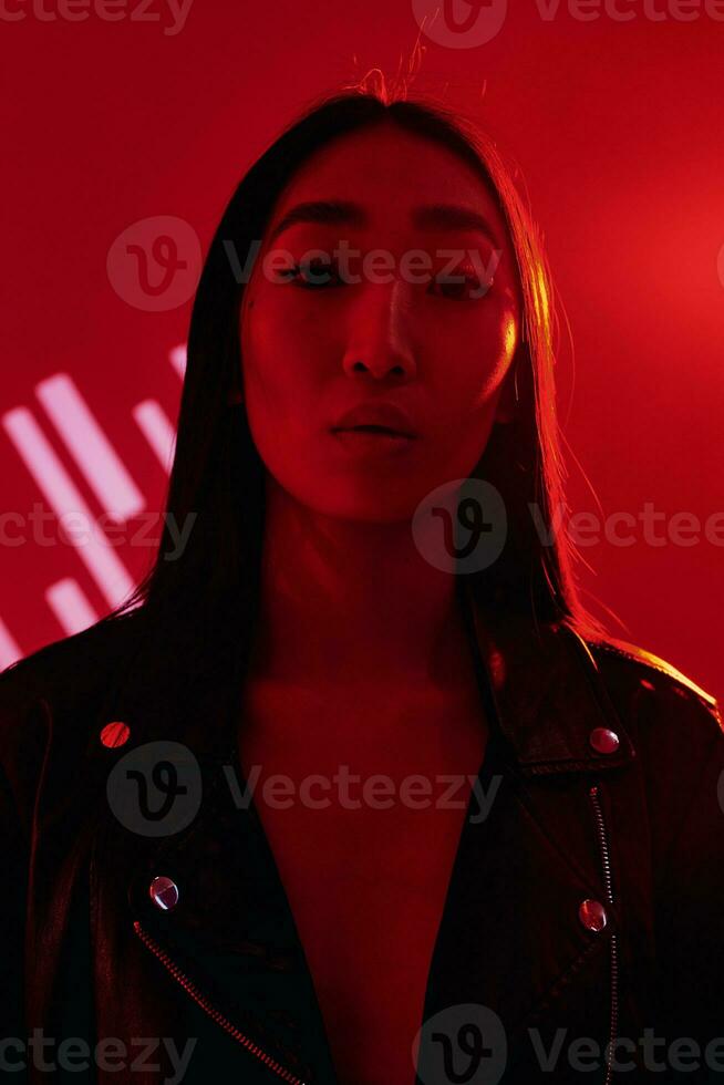 Woman concept portrait colourful trendy neon red photo