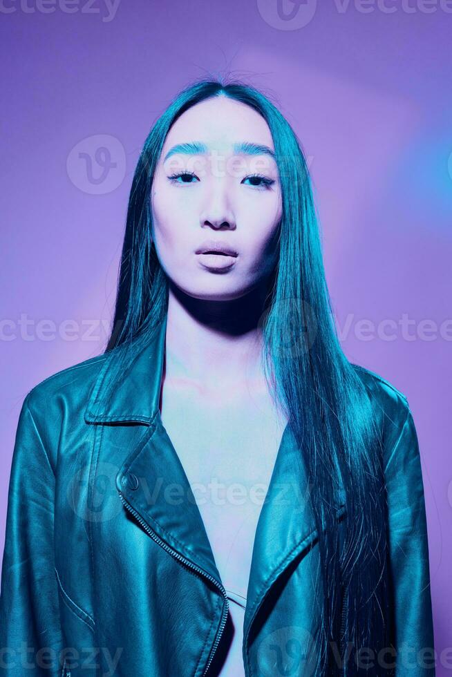 Woman colourful blue trendy purple concept portrait neon photo