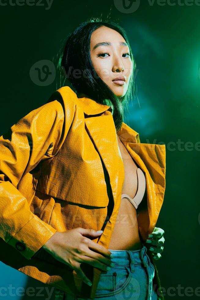 Woman gorgeous dark light colourful concept portrait lady neon green art smoke trendy photo