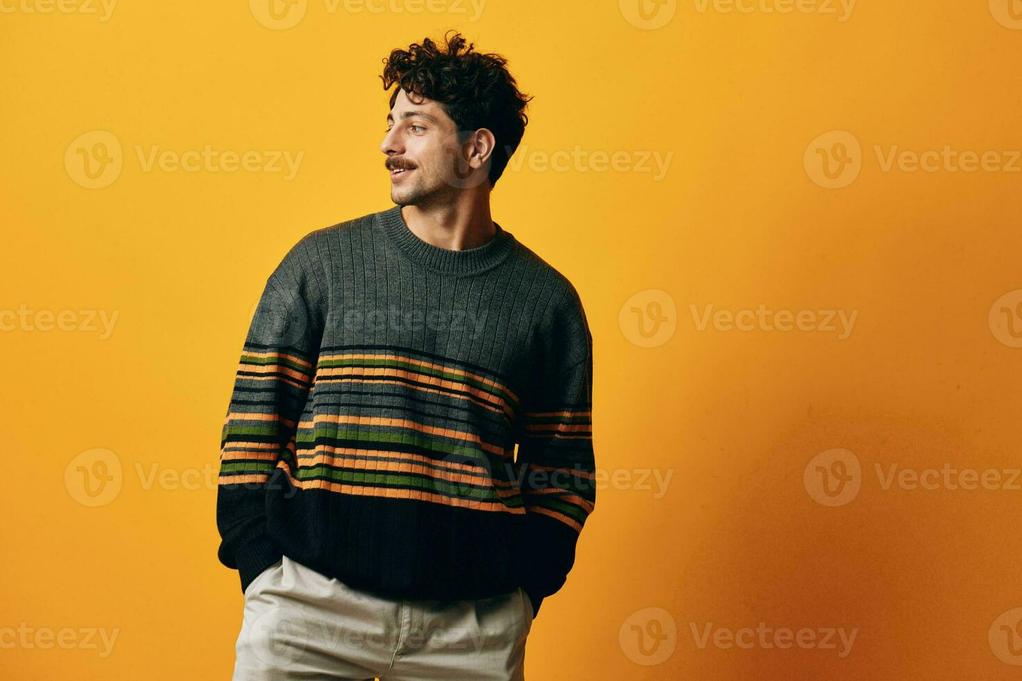 Man sweater face background trendy portrait happy student smile attractive orange fashion photo