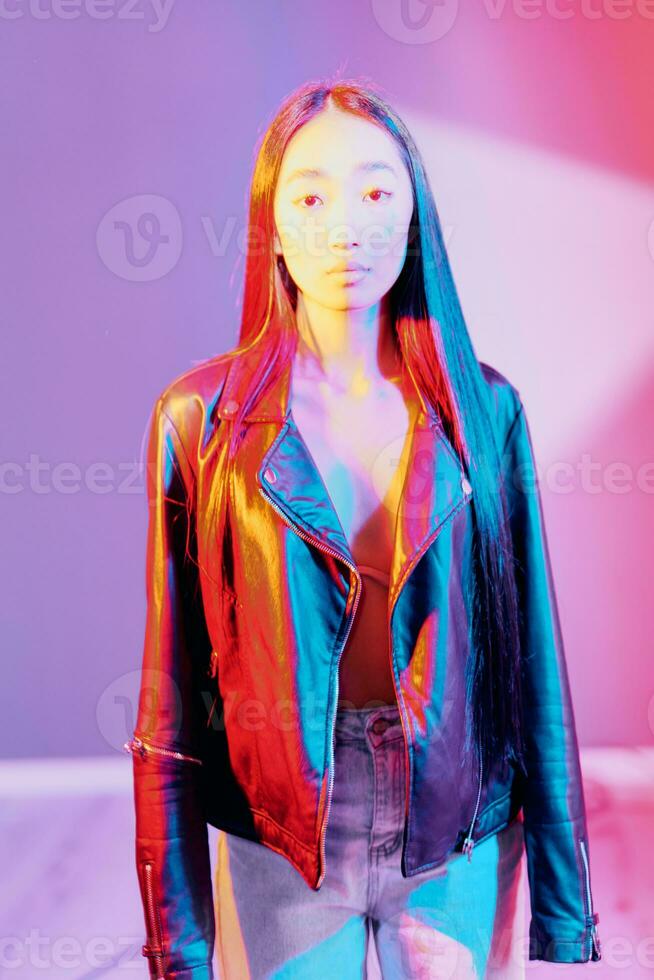 Woman lady fashionable black blue red art trendy concept portrait neon colourful light purple photo