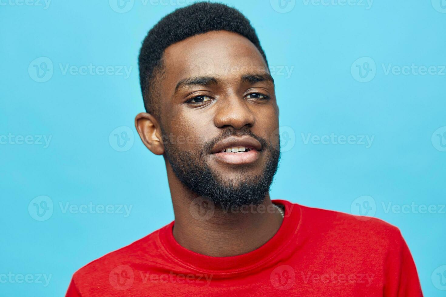 fashion man guy face portrait american red background blue african teeth american black photo