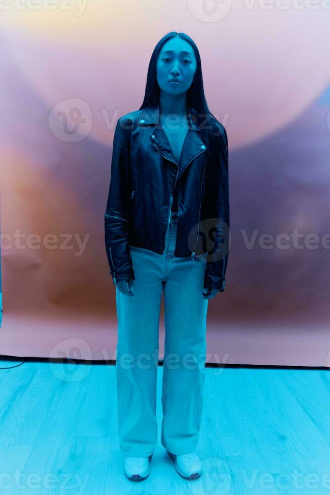 Colorful woman trendy night neon model fashion asian clothes hipster light beauty photo