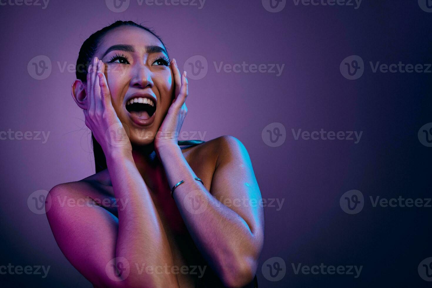 Woman disco colorful fashion blue light pretty trendy purple art beauty neon photo