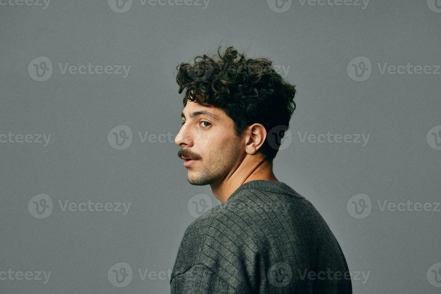 Man smile face handsome copyspace male trendy hipster sweater fashion portrait photo
