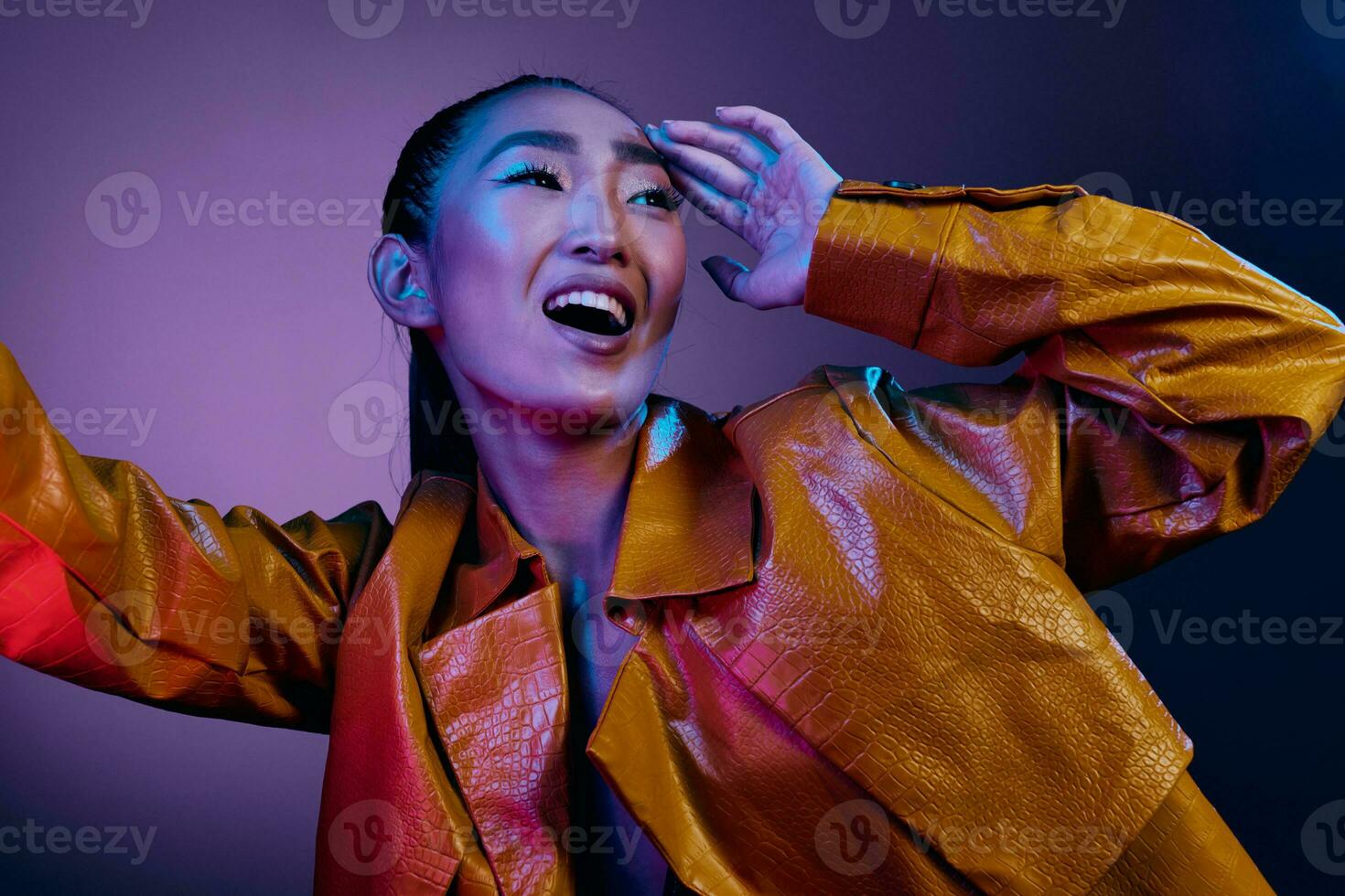 Night woman beauty slim attractive blue neon trendy fashion disco purple light colorful photo