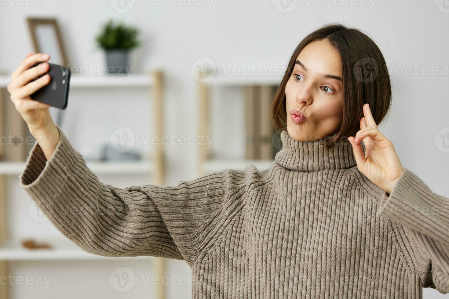  woman mobile home smartphone blogger emotion blog phone camera selfie ...