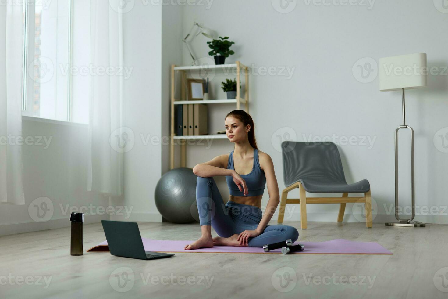 woman mat training home video health lifestyle care laptop yoga lotus photo